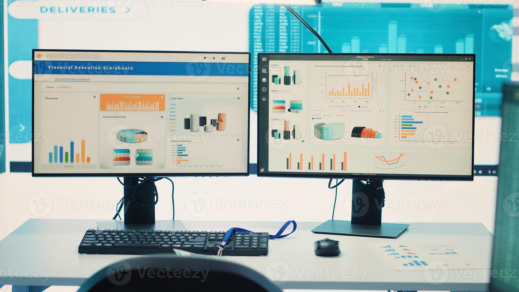 Empty business corporation workstations in a modern boardroom, office coworking space used in monitoring workflow and current firm situation. Big screen running important infographics. Camera A. photo