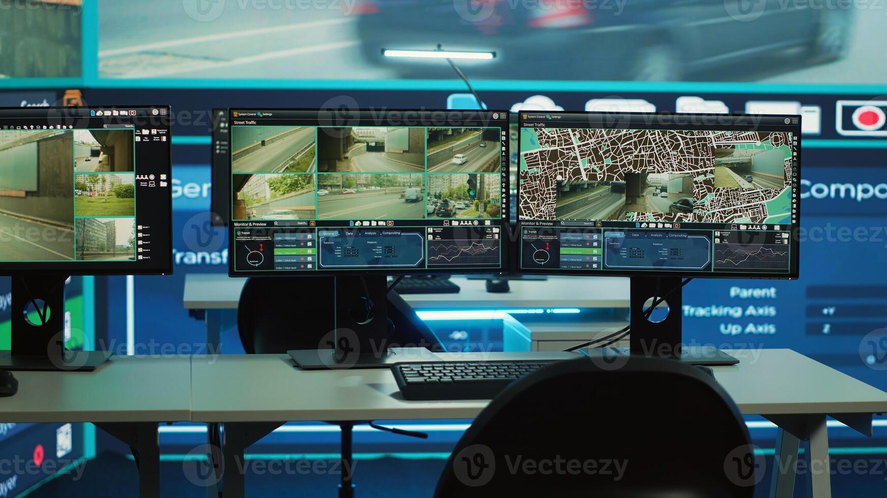Empty observation room full of offices used in monitoring traffic surveillance footage on CCTV security cameras around the city. Agency using government satellite sensors for public safety. photo