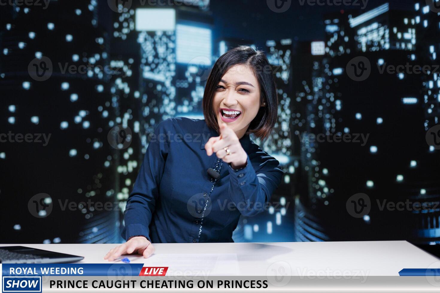 Entertainment news about royal adultery on night show live program, presenting latest information about prince getting caught cheating on princess. Presenter hosting media segment. photo