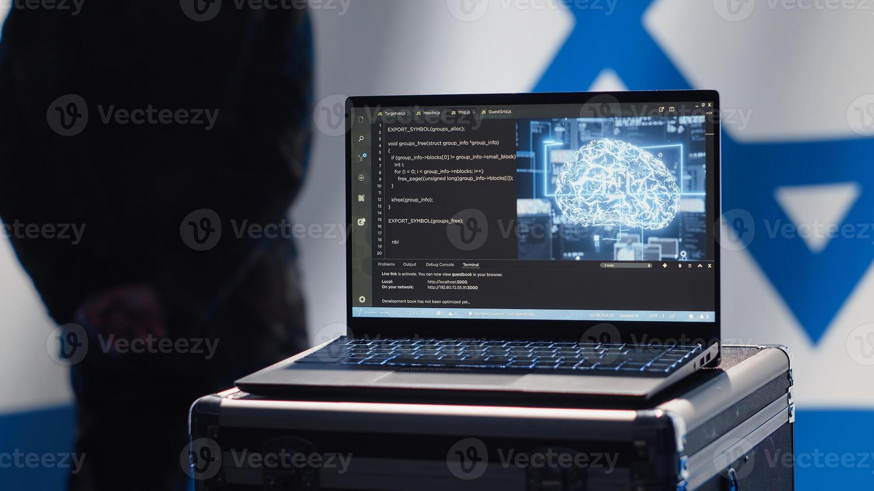 AI software on laptop used by state of Israel security services to prevent terrorism attacks. Artificial intelligence tech used by Mossad agency to defend borders, isolated over Israeli flag, camera A photo