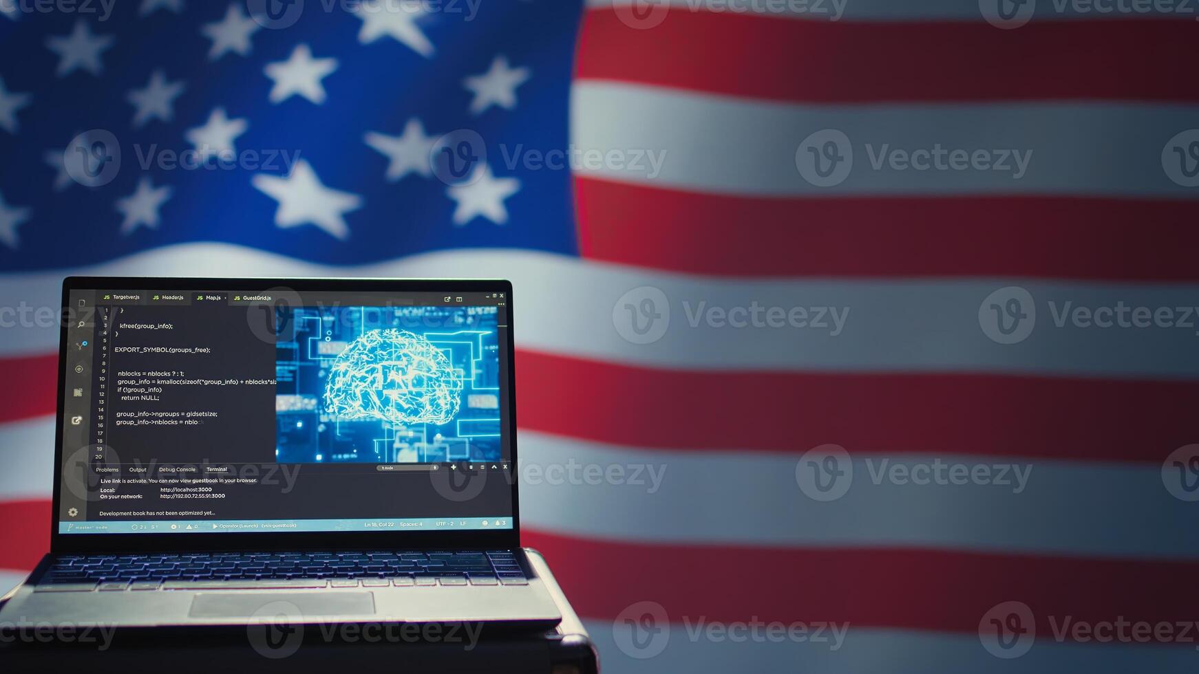 AI software on laptop used by American domestic security services to prevent terrorism. Artificial intelligence technology enhancing Patriot Act surveillance procedures against USA enemies, camera B photo