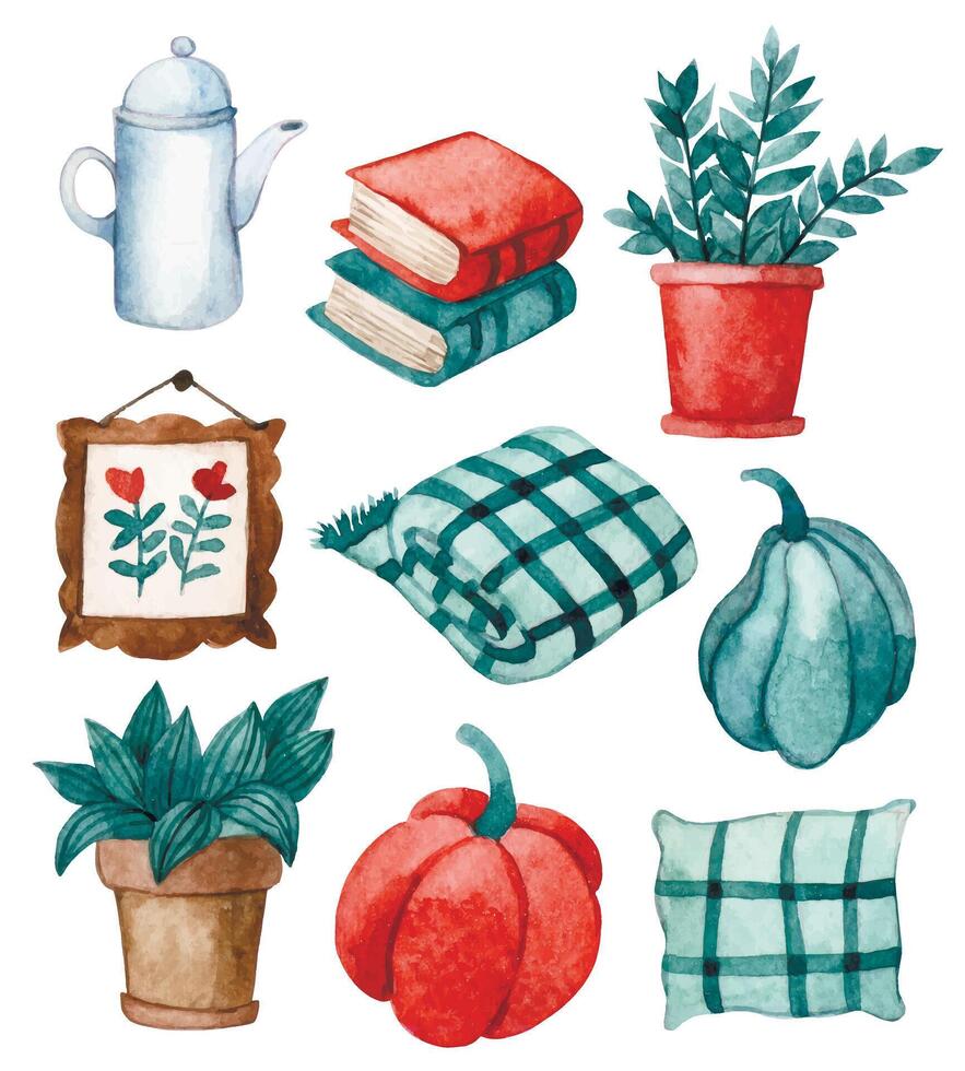 cute watercolor set cozy home. warm autumn. illustration pumpkins, plaid, painting, home plants vector
