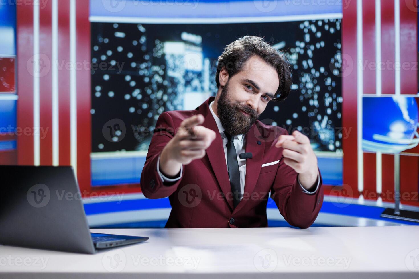 Broadcaster transmitting live information on television, reading headlines in news studio on global communications channel. Male news anchor reviewing daily events and covering all topics. photo