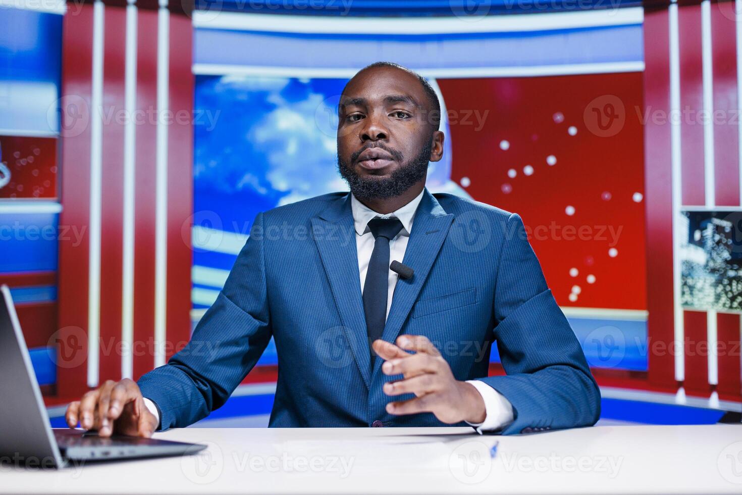 TV reporter presenting daily news report, broadcasting live discussion on international television channel. African american commentator talking about latest events, covering all important topics. photo