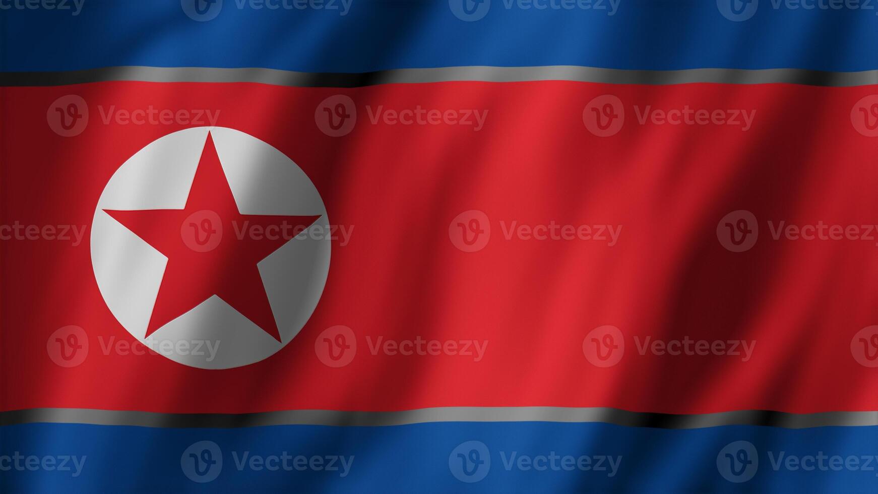 North Korean national flag featuring blue and white stripes and red star, patriotic concept. Democratic Peoples Republic of Korea Pyongyang regime flag fluttering in wind, 3D rendering photo