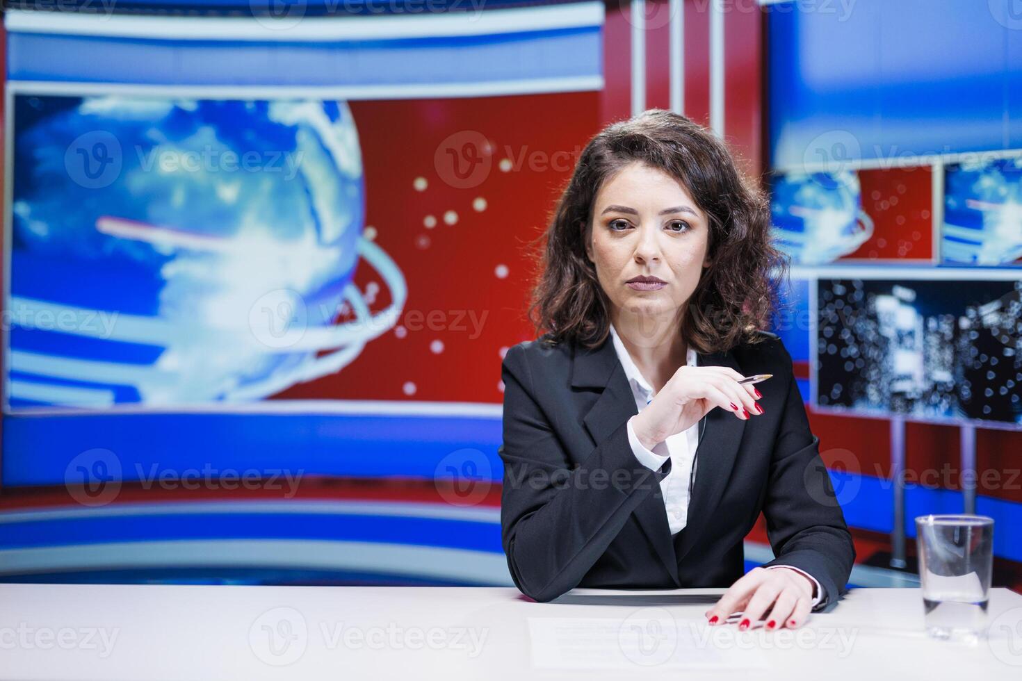 News anchor presenting latest topics on live television broadcast, hosting international transmission to address daily news. Journalist working in media industry, global communications network. photo
