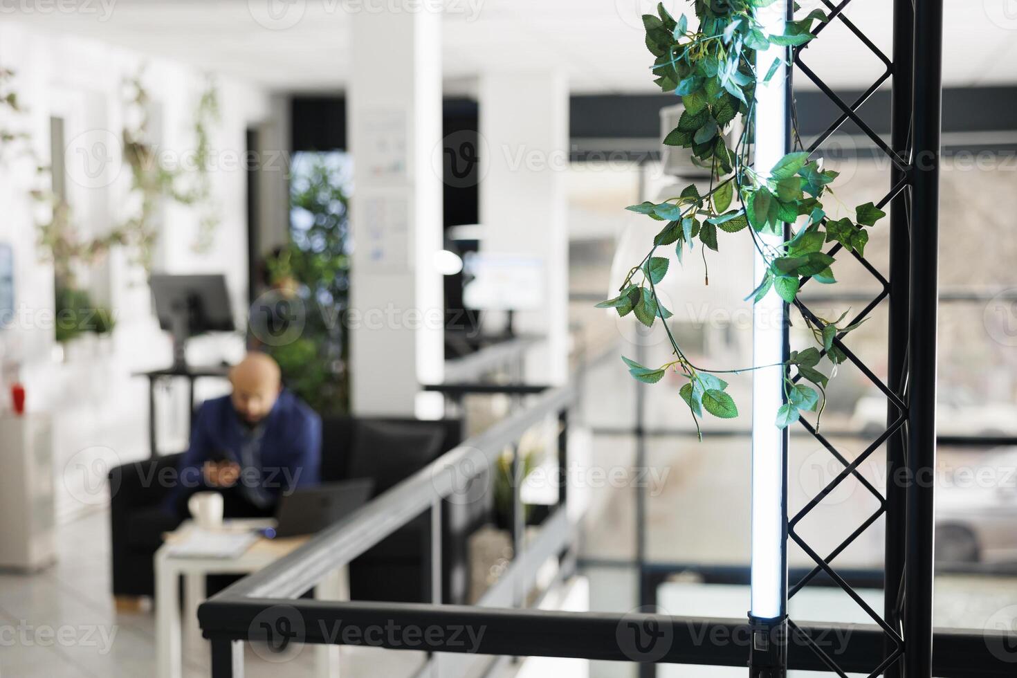 Company employee working in start up business green office on blurred background. Businessman sitting on couch in coworking open space with ivy plant leaves selective focus photo