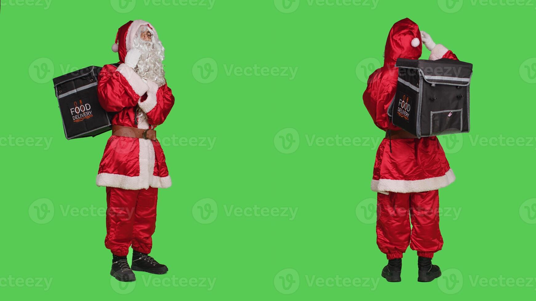 Person in red costume with backpack delivering food during christmas eve holiday, full body greenscreen. Santa claus character advertising december holiday celebration, deliveryman. photo