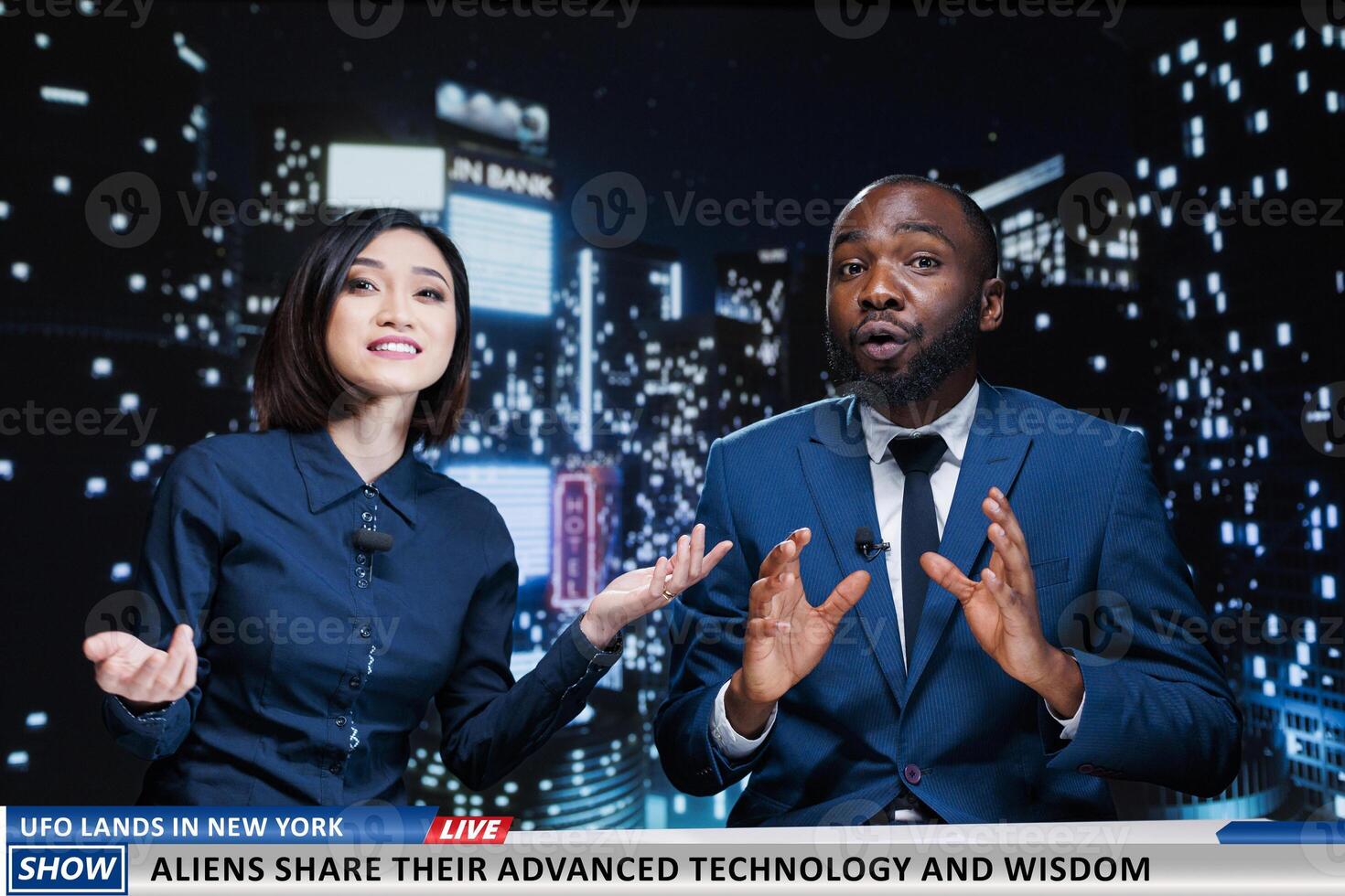 Show hosts reveal wisdom from aliens sharing advanced technology and practises with humans, ufo landing. Diverse newscasters team presenting important information regarding invasion. photo
