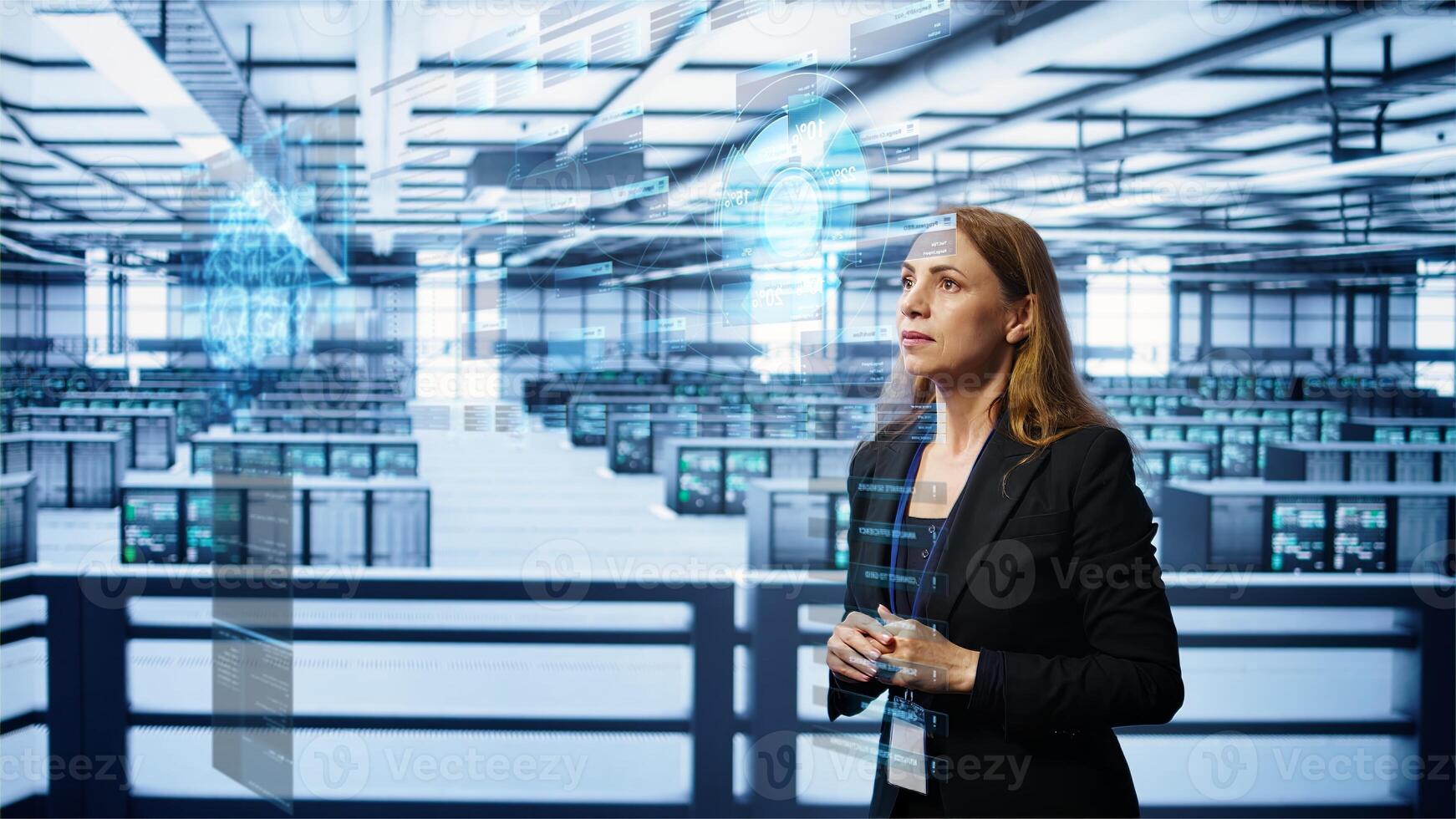 System administrator using augmented reality technology in data center, comparing parameters. Server farm manager looks at AR simulation, overseeing performance benchmarks photo