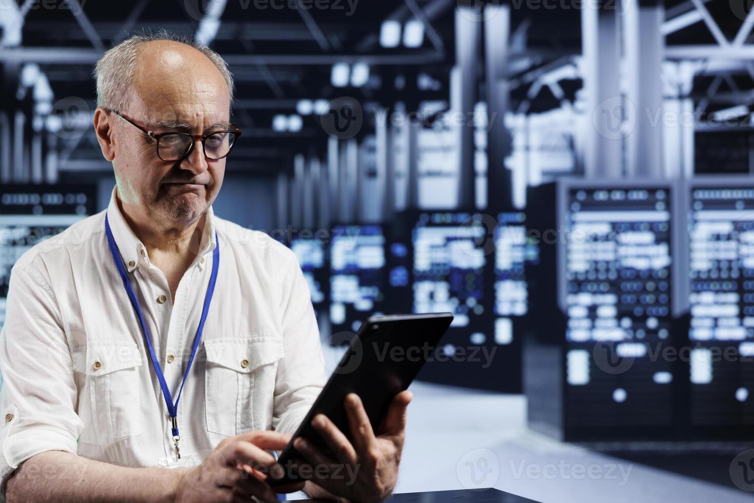 Adept worker in data center providing dedicated VPN servers able to deliver advanced privacy, encrypted sensitive data, online anonymity and secure internet connections to users photo
