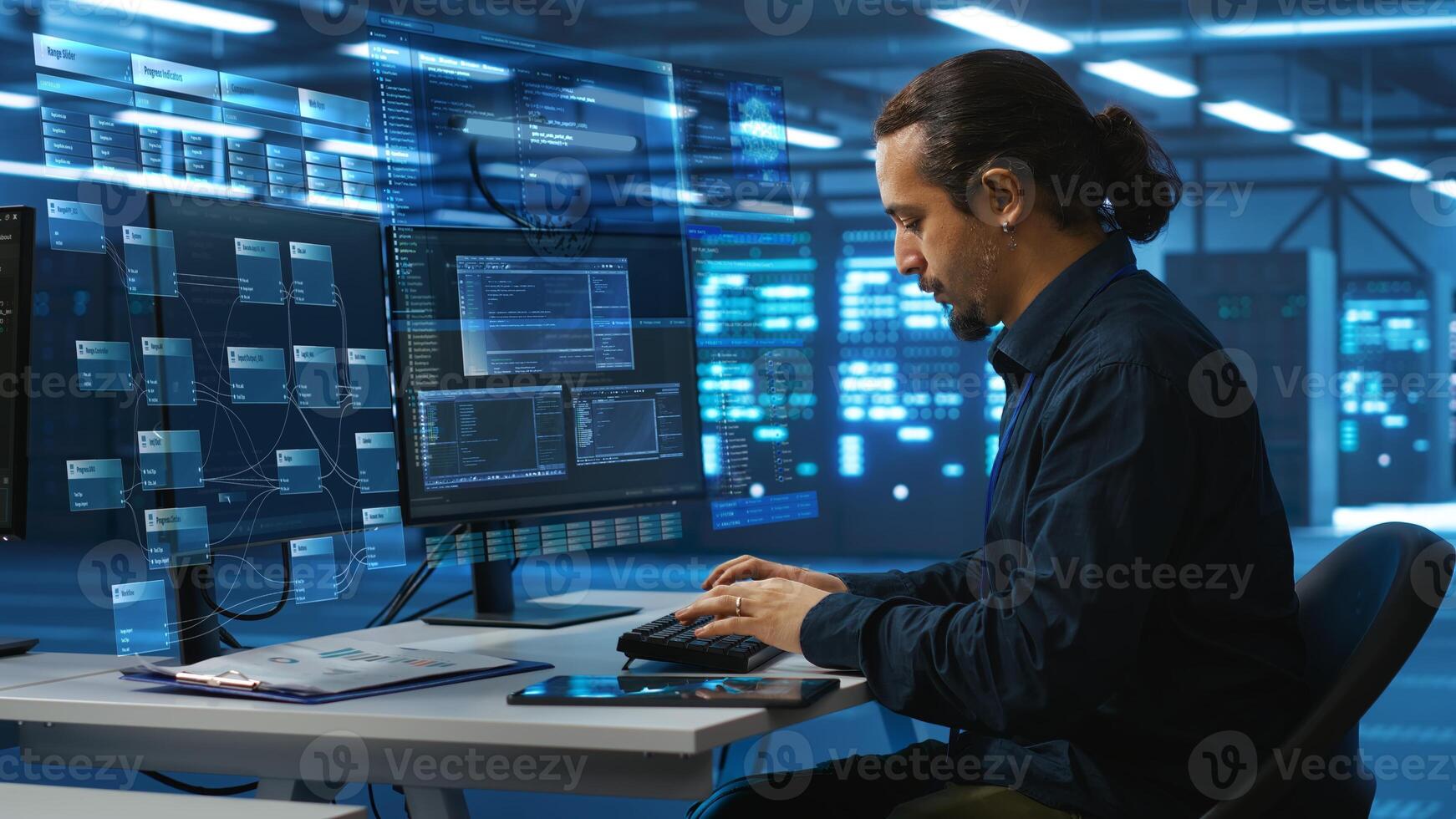 Admin in data center using augmented reality technology to do flow based programming, XR nodes interface. Server room worker looking at AR visualization hologram, tracking network traffic photo