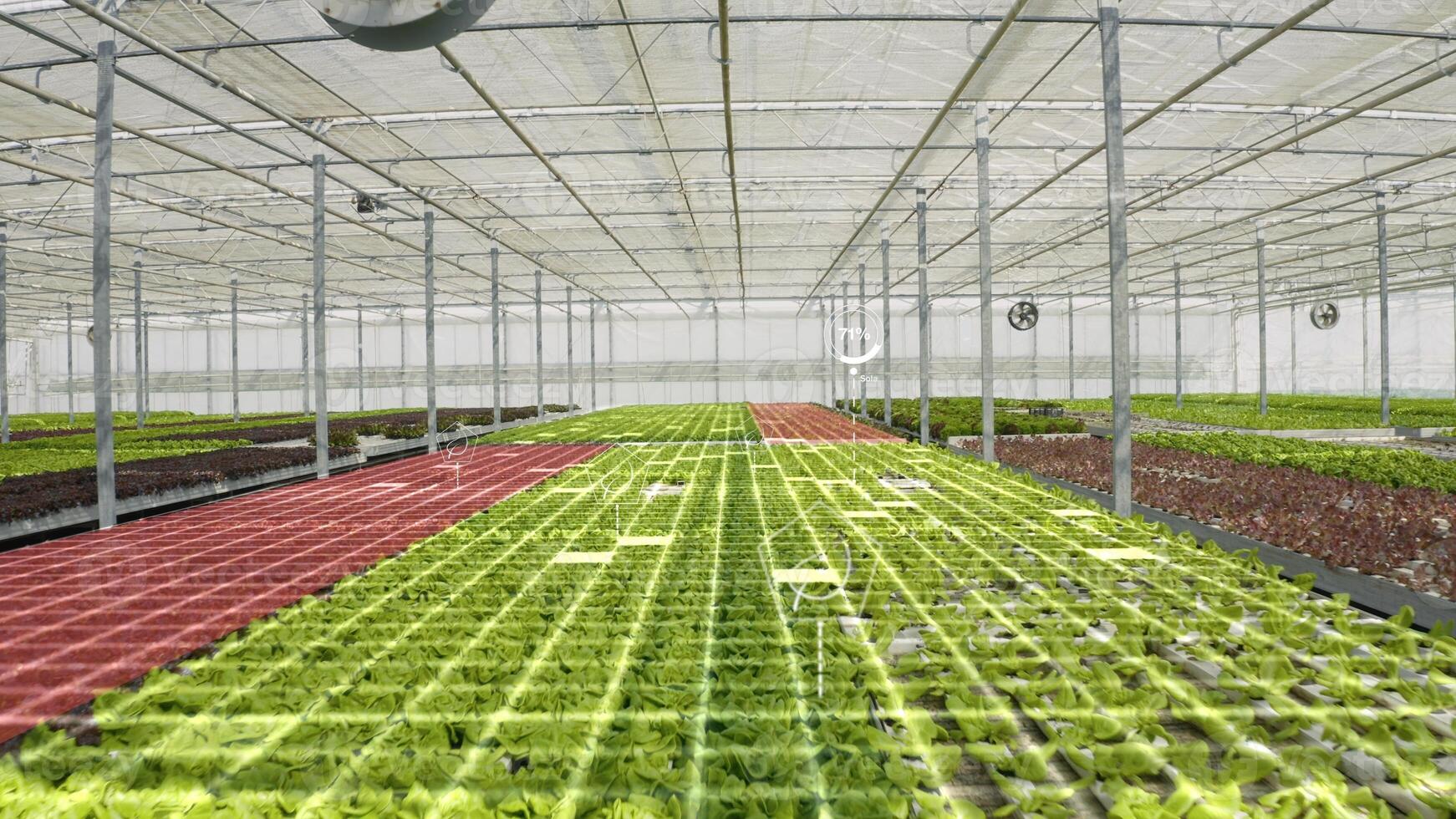 Drone shot of high tech agricultural greenhouse controlled by automatized technology parameters, AR visualization. AR hologram statistics over certified organic eco friendly farm crops photo