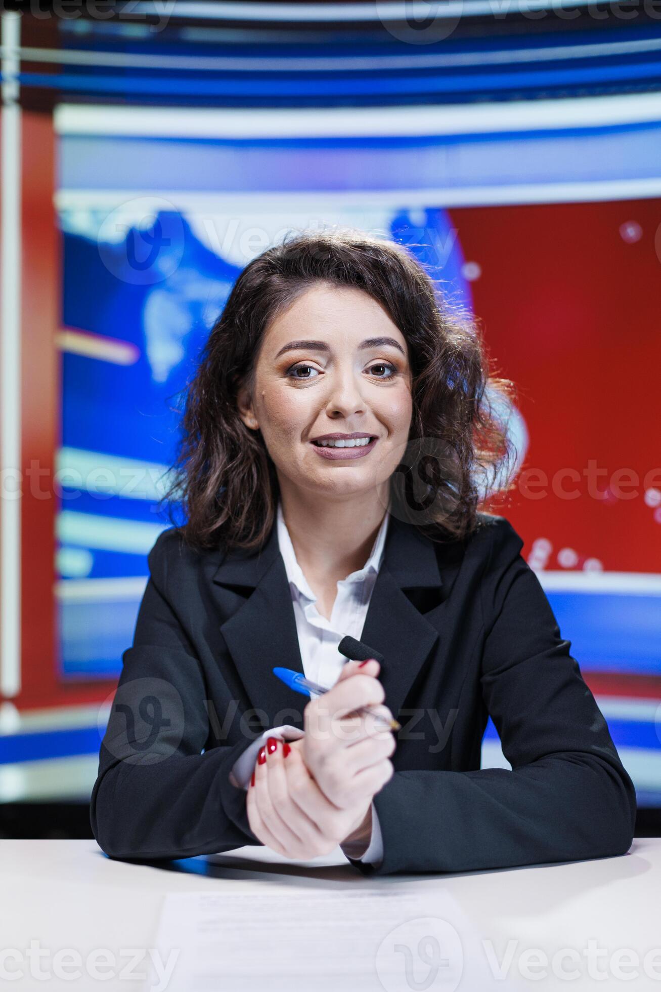 News anchor presenting daily events in newsroom doing live reportage