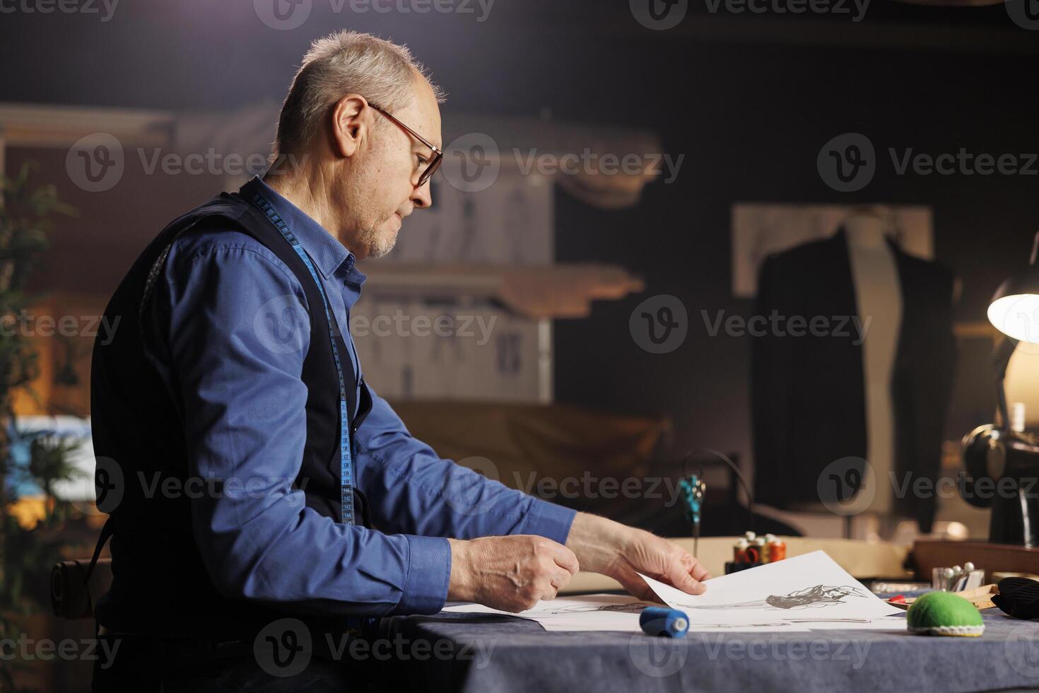 Experienced senior couturier creating outfits for upcoming fashion design show in tailoring studio. Dressmaker conceptualizing different garment combinations using sketch drawings photo