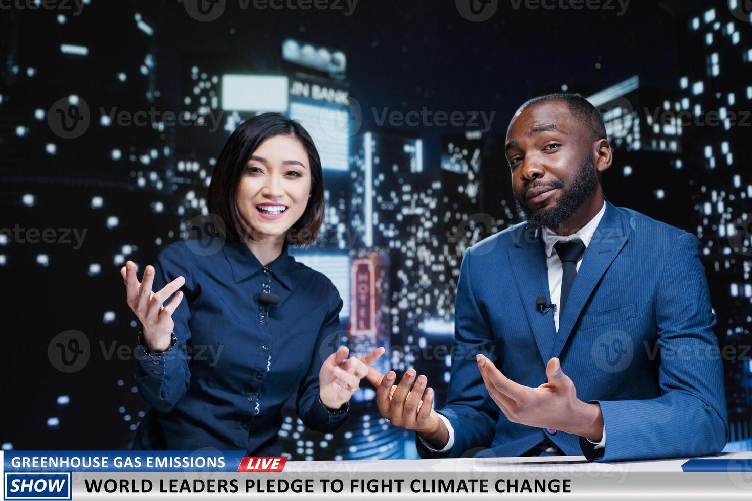 World leaders fighting climate change news on midnight talk show, diverse tv hosts talking about activists taking measures to reduce greenhouse gas emissions. Media journalists hosting live segment. photo
