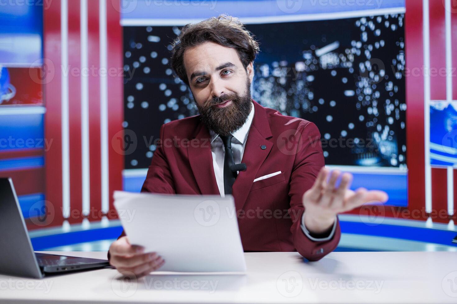 Newscaster addressing latest topics live, covering all important news stories in newsroom. Television presenter reporting celebrity drama and recent occurences, talking about world affairs. photo