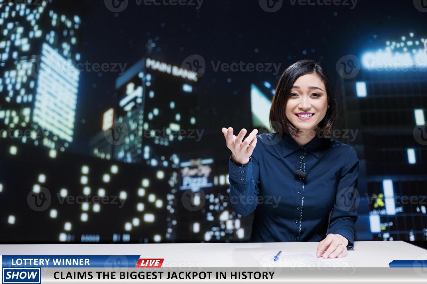 Media host talks about lottery winner receiving lots of money and donating to charity, giving updates on daily events. Asian news anchor covering important humanitarian topics on television. photo