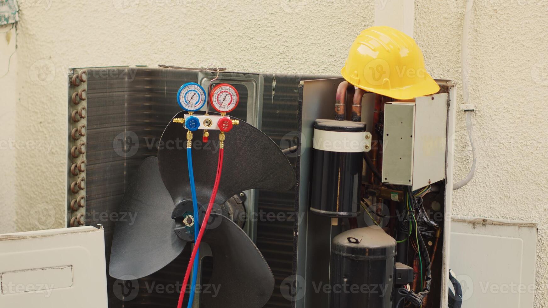 Close up zoom in shot of defective manometers used for checking HVAC system refrigerant pressure, in need of mending. Set of barometer high or low freon levels benchmarking air conditioner component photo