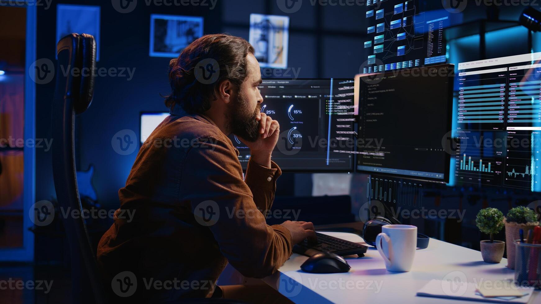 Freelancer working on computer, using AR augmented reality tech to do coding. Remote worker at home using augmented reality technology to visualize programming parameters photo