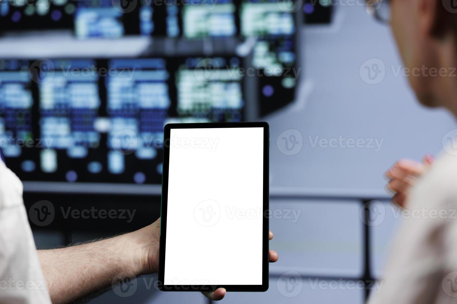Close up of mock up tablet used by hardworking team in cloud computing business server hub delivering massive computational power, capable of processing and storing vast amounts of datasets photo