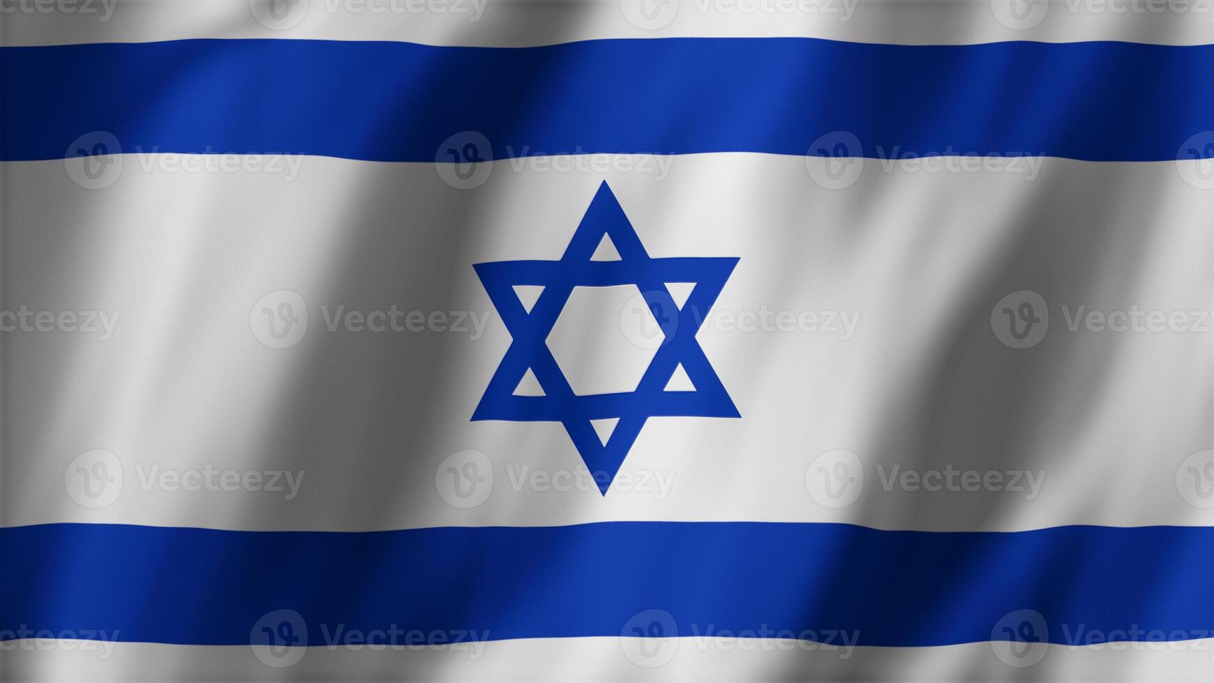 Israeli flag featuring two horizontal blue stripes and blue Star of David in center, patriotic concept. 3D rendering of national flag of Israel waving and fluttering in wind photo