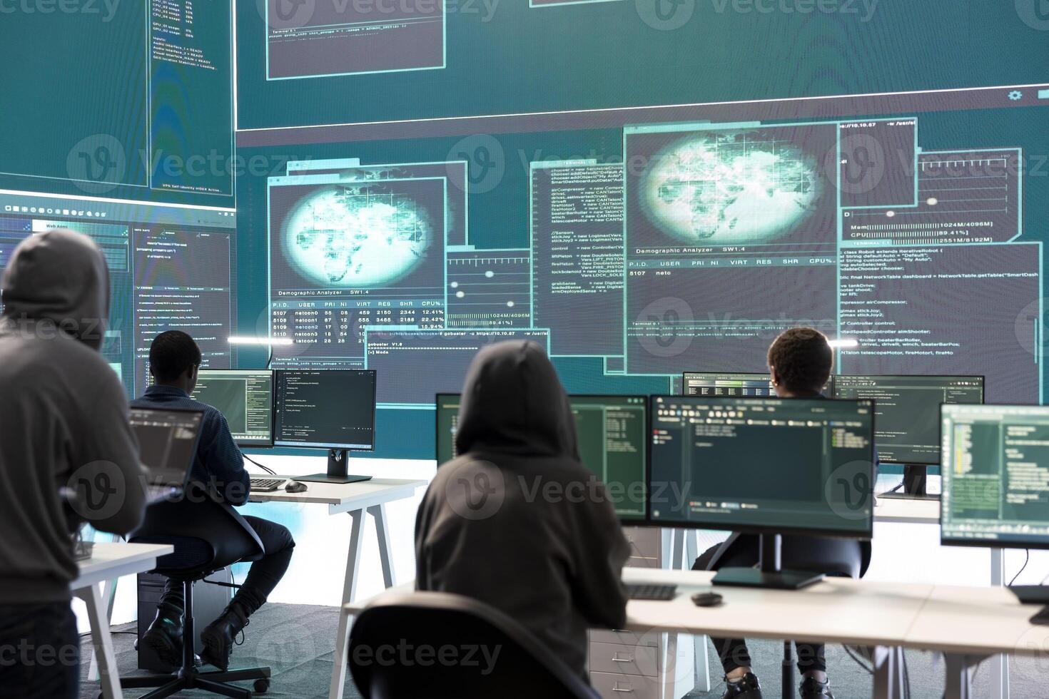 Cyber defense expert examining data on a big screen in governmental agency, focusing on cyber operations and digital security. Hacker ensures protection against cybercriminal activities. photo