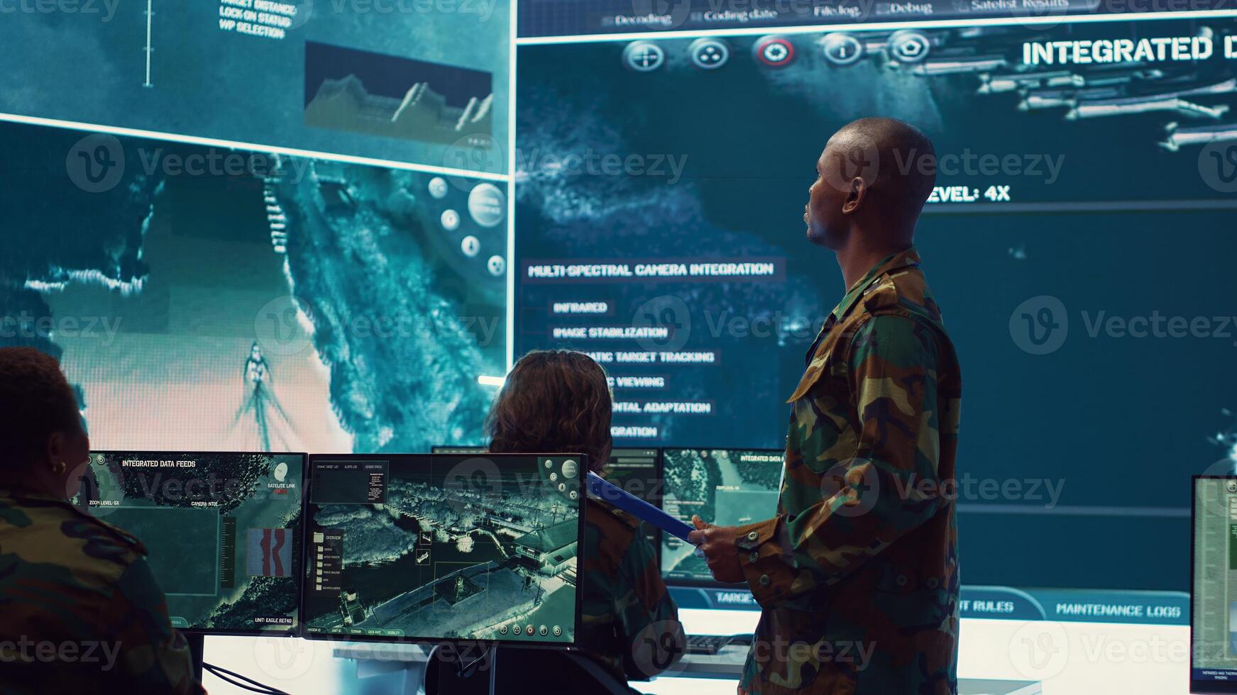 General headquarters under ruling of army IT professional that reviews insight about a new national safety mission. Command sergeant major briefing his marine corps troops with big data. Camera A. photo