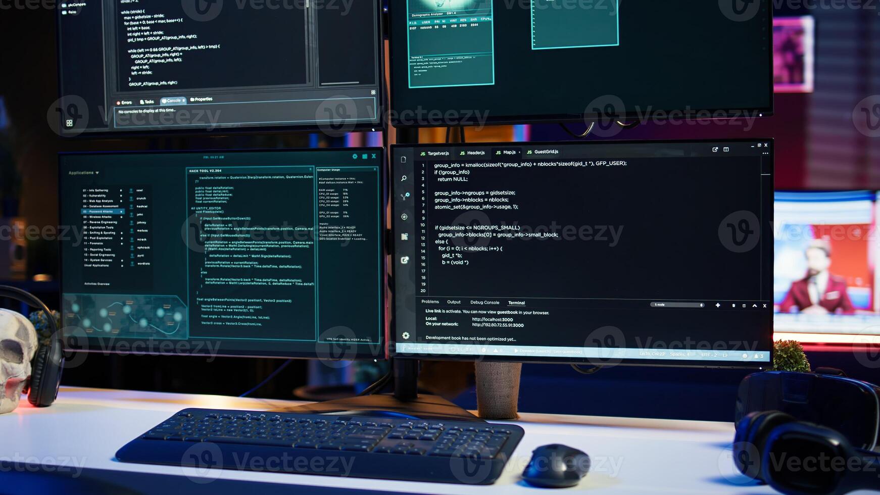 Close up of code running on computer displays in empty apartment used by hacker stealing secrets. Illegal scripts on PC screens used by spy infiltrating governments, handheld camera shot photo