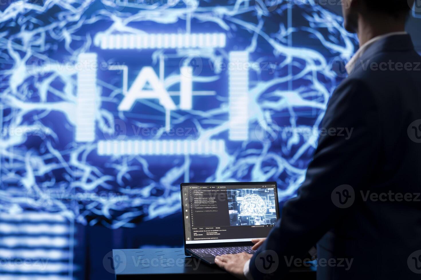 Programmer using AI cognitive computing to extract usable information from complex data on laptop. Employee using artificial intelligence tech on notebook to accelerate complex calculations photo