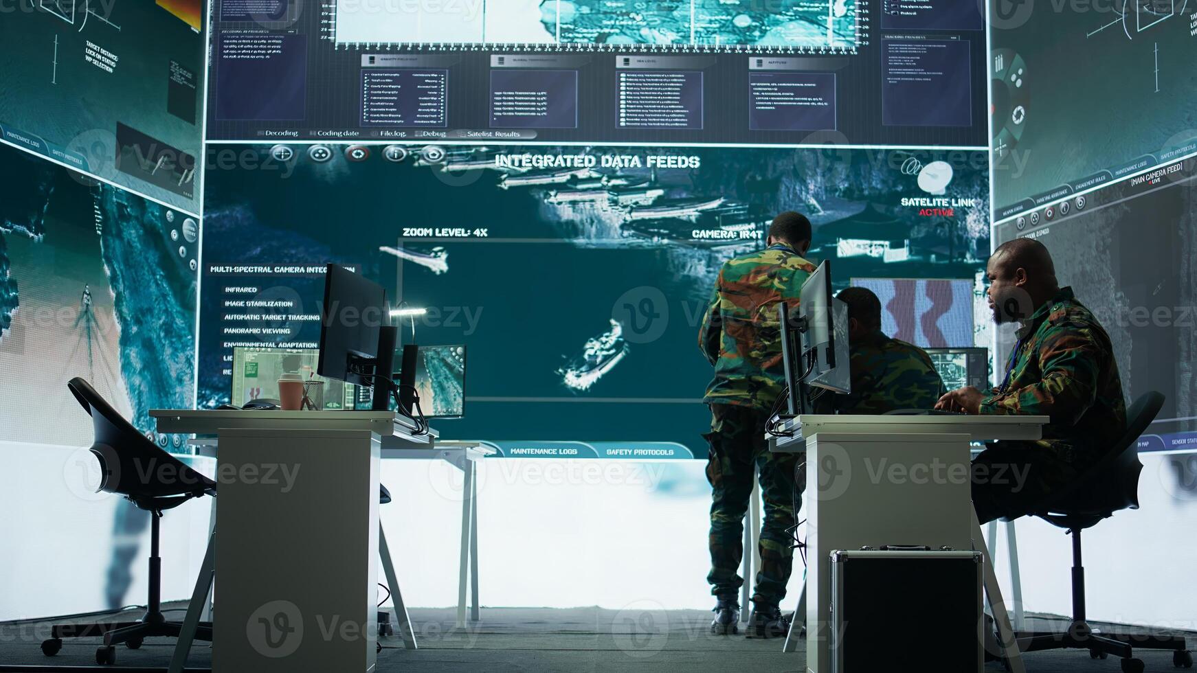 Officer managing surveillance cctv system with data analysis and processing, gathering real time intelligence for strategic military operations. Successful secret service defense mission. Camera B. photo