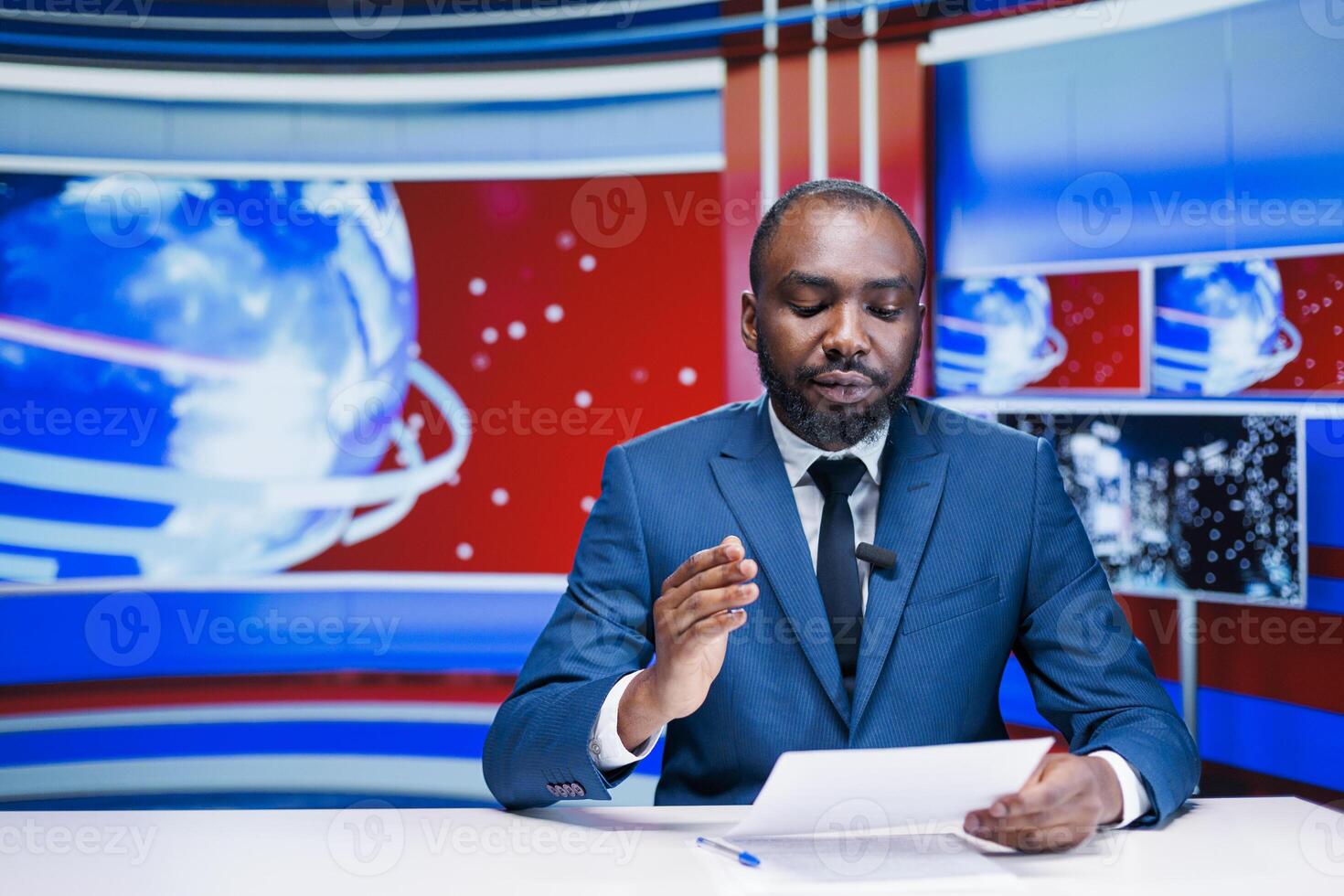 TV reporter covering important topics from media papers, broadcasting live details for exclusive tv content. Presenter doing international news report with latest events, daily headlines. photo