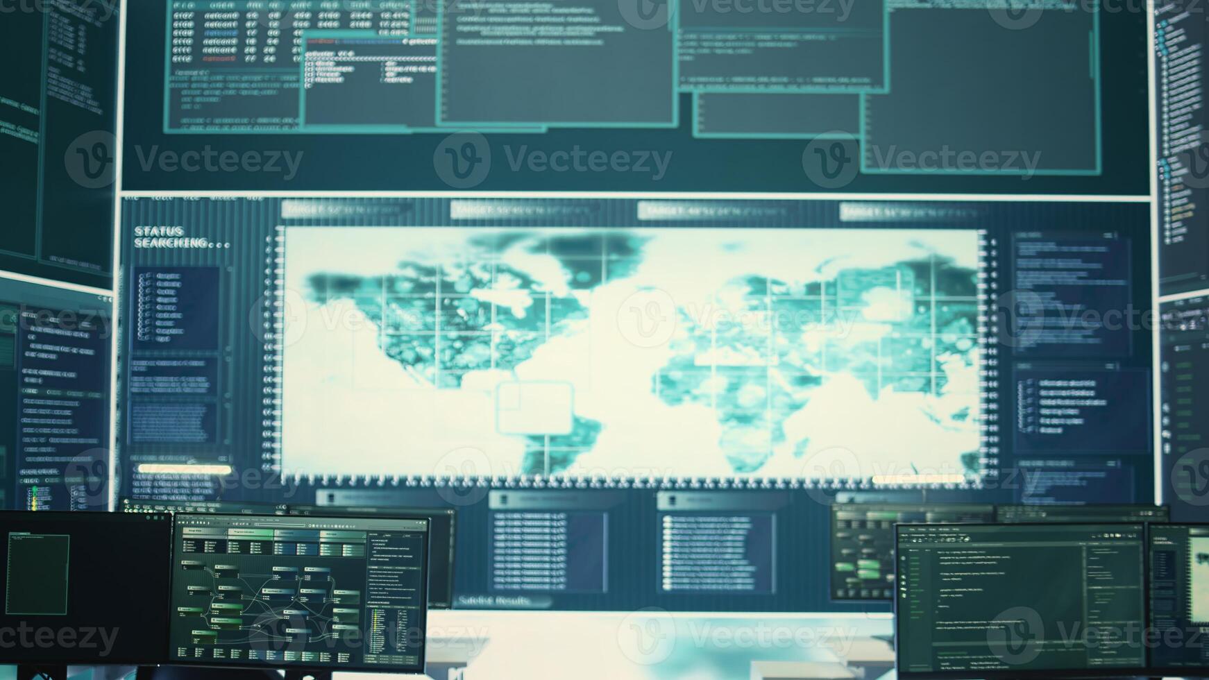 Empty cyber operations center for governmental hacking and threat detection. Equipped with technology for monitoring cyber threats, cybercrime, and safeguarding digital information. Camera B. photo