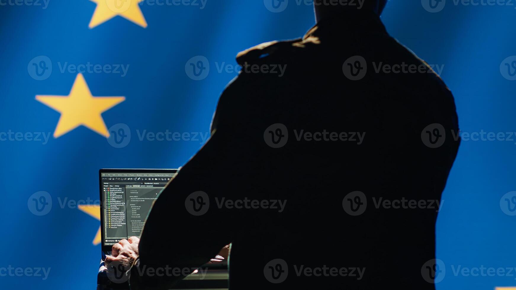 EU alliance engineer protecting against fake accounts on social media promoting totalitarian governments interests. Technician working for European Union doing cybersecurity job, camera A photo