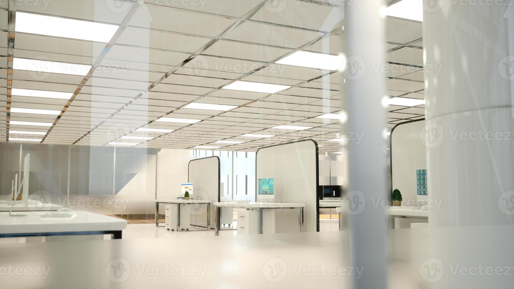 Stylish open floor plan office with modern partitioned workstations and sleek decorations. Space used for highlighting a professional collaborative and efficient business environment. photo