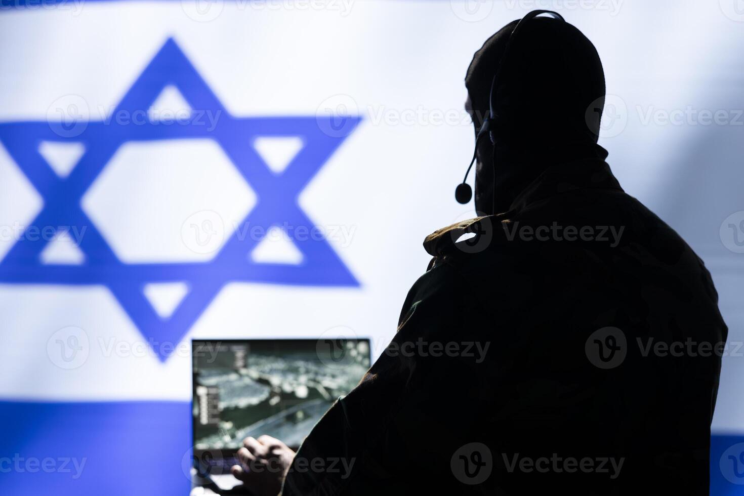 Israeli air defense operator using radar detecting missile attacks and conducting space surveillance and satellite tracking. Israel Mossad agent using military software preventing rockets photo