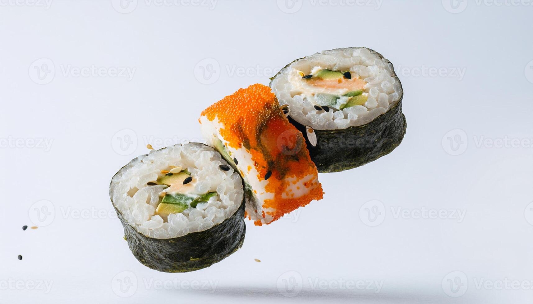 floating sushi roll with white background. isolated. photo