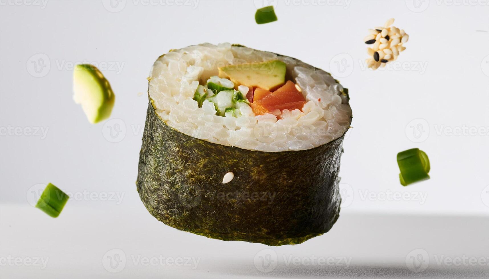 floating sushi roll with white background. isolated. photo
