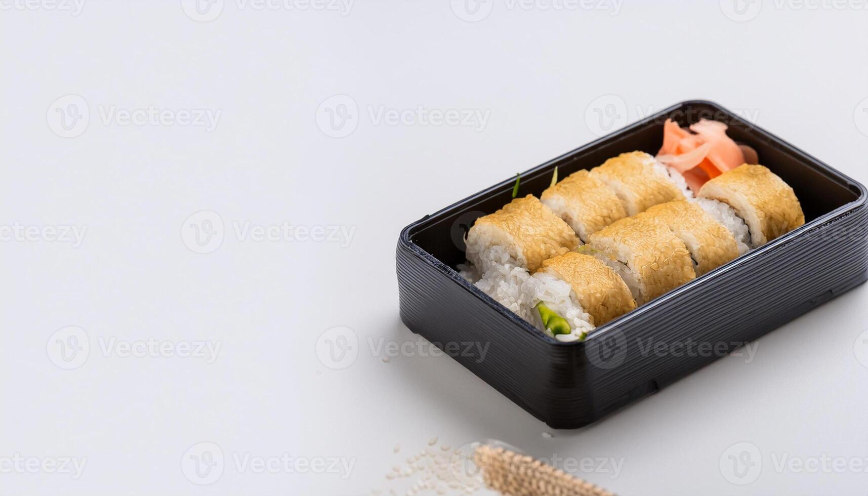 sushi roll in bento box with white background. isolated. photo