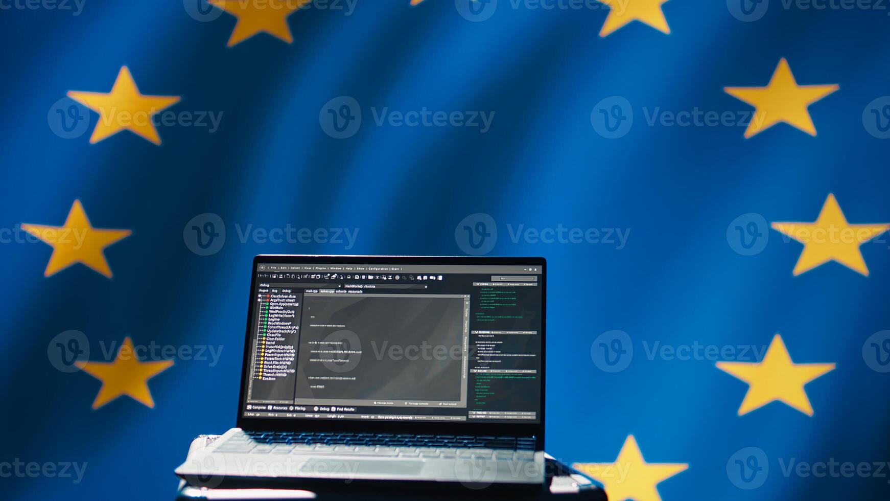 European Union intelligence agency using laptop to protect against mass propaganda tools affecting elections. EU security service engaging in psychological operations using device, camera B photo