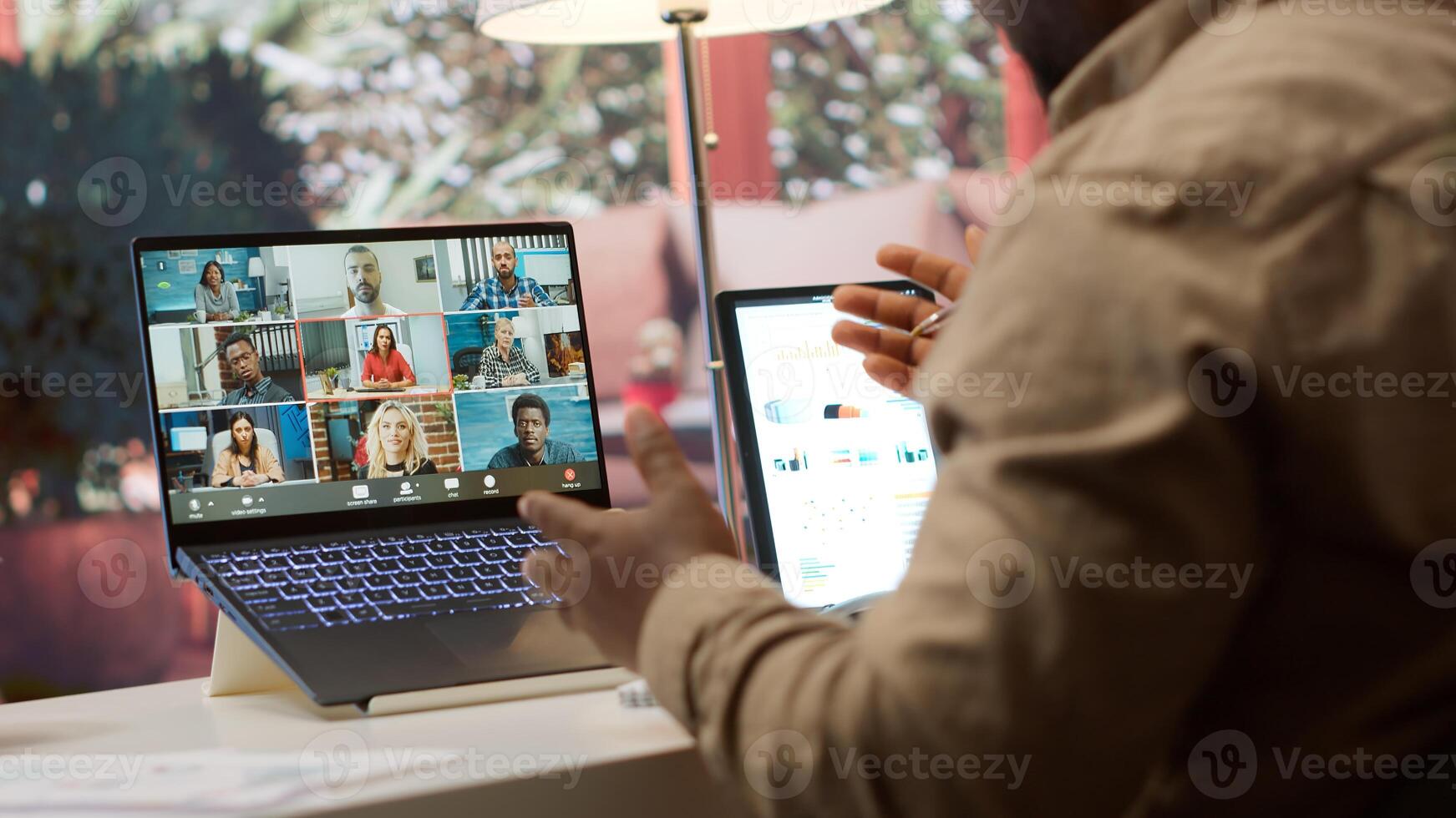 Business owner presenting the financial data reports to the investors members of the board, discussing on online videocall about expansion plans and new funding. Accounting analysis. Camera A. photo