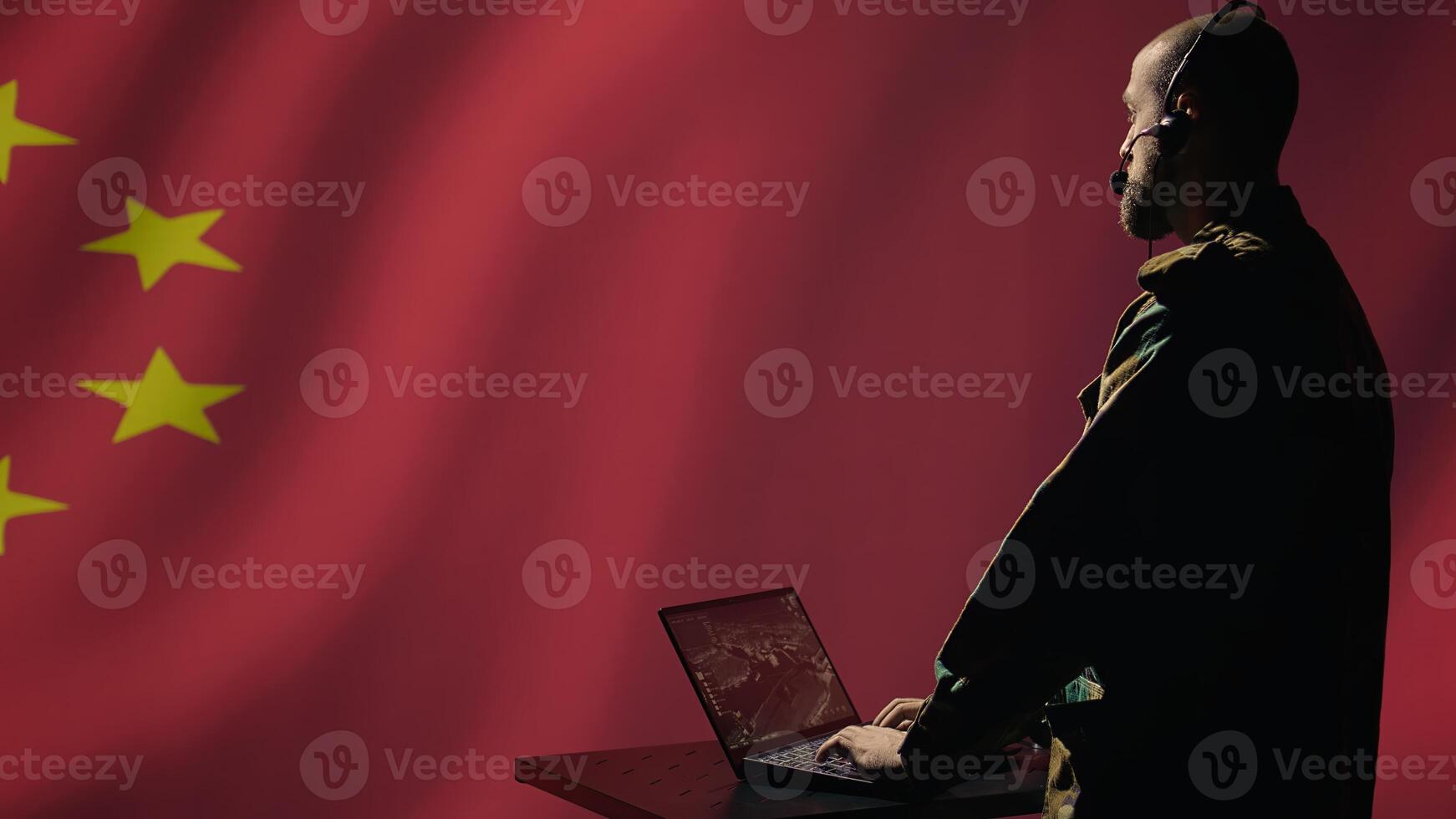 Chinese army communication systems operator using radio and satellite equipment, providing combat support. Military dispatcher managing communications networks, isolated over China flag, camera B photo