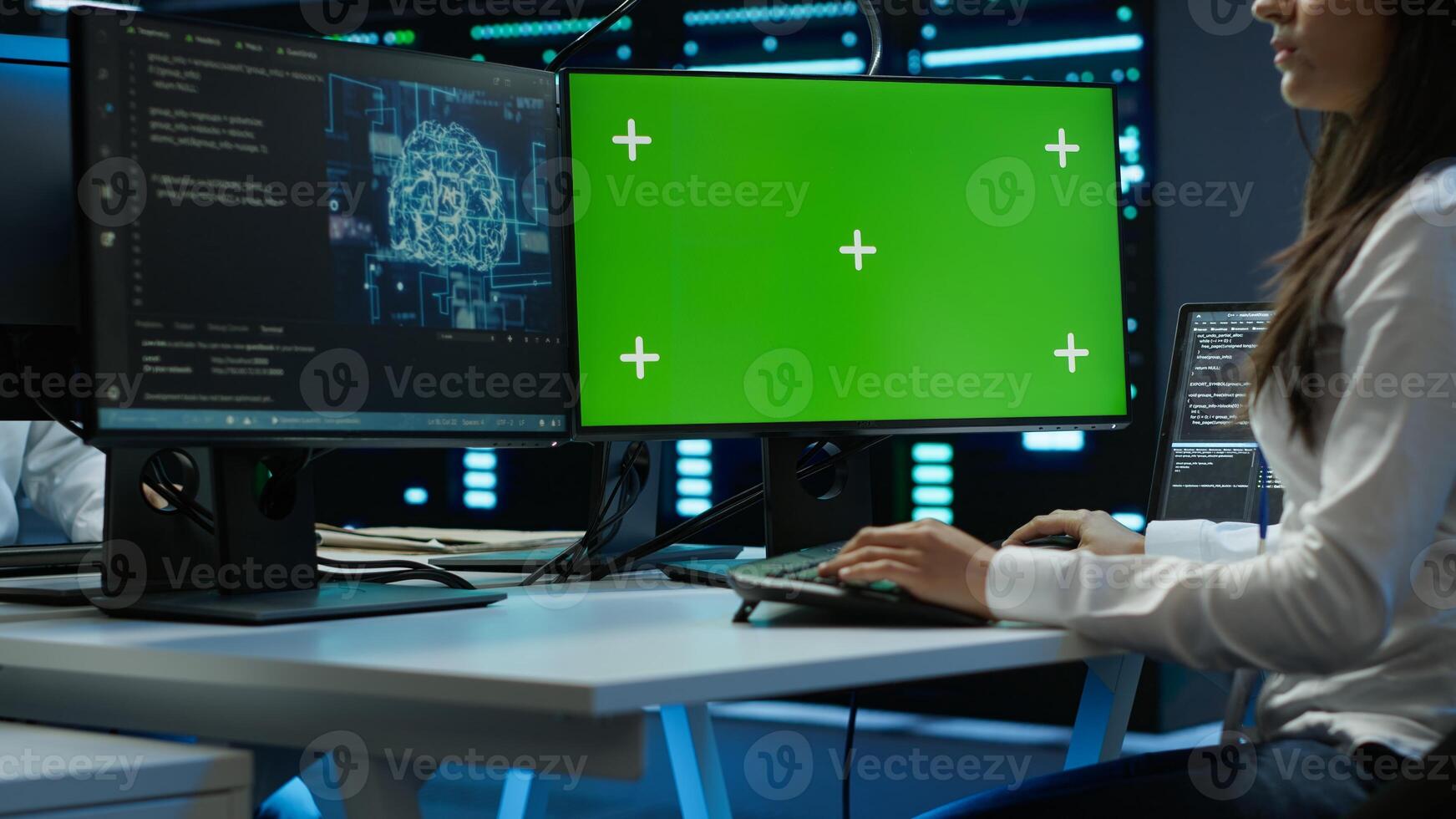 Admin using AI tech on isolated screen PC to do maintenance in server room. Specialist in data center using artificial intelligence on chroma key to process datasets for training, camera A photo