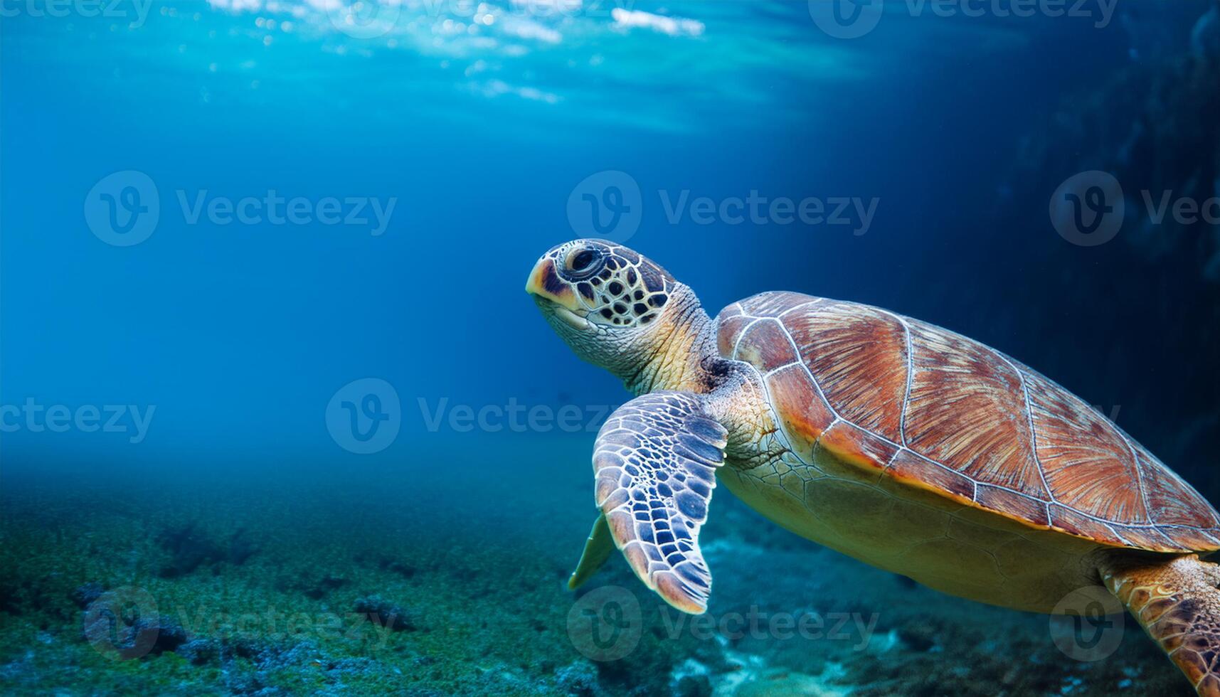 turtle's detailed shell and serene expression create a peaceful and captivating scene, emphasizing the beauty of marine life, Underwater photograph of a sea turtle gracefully swimming through ocean photo