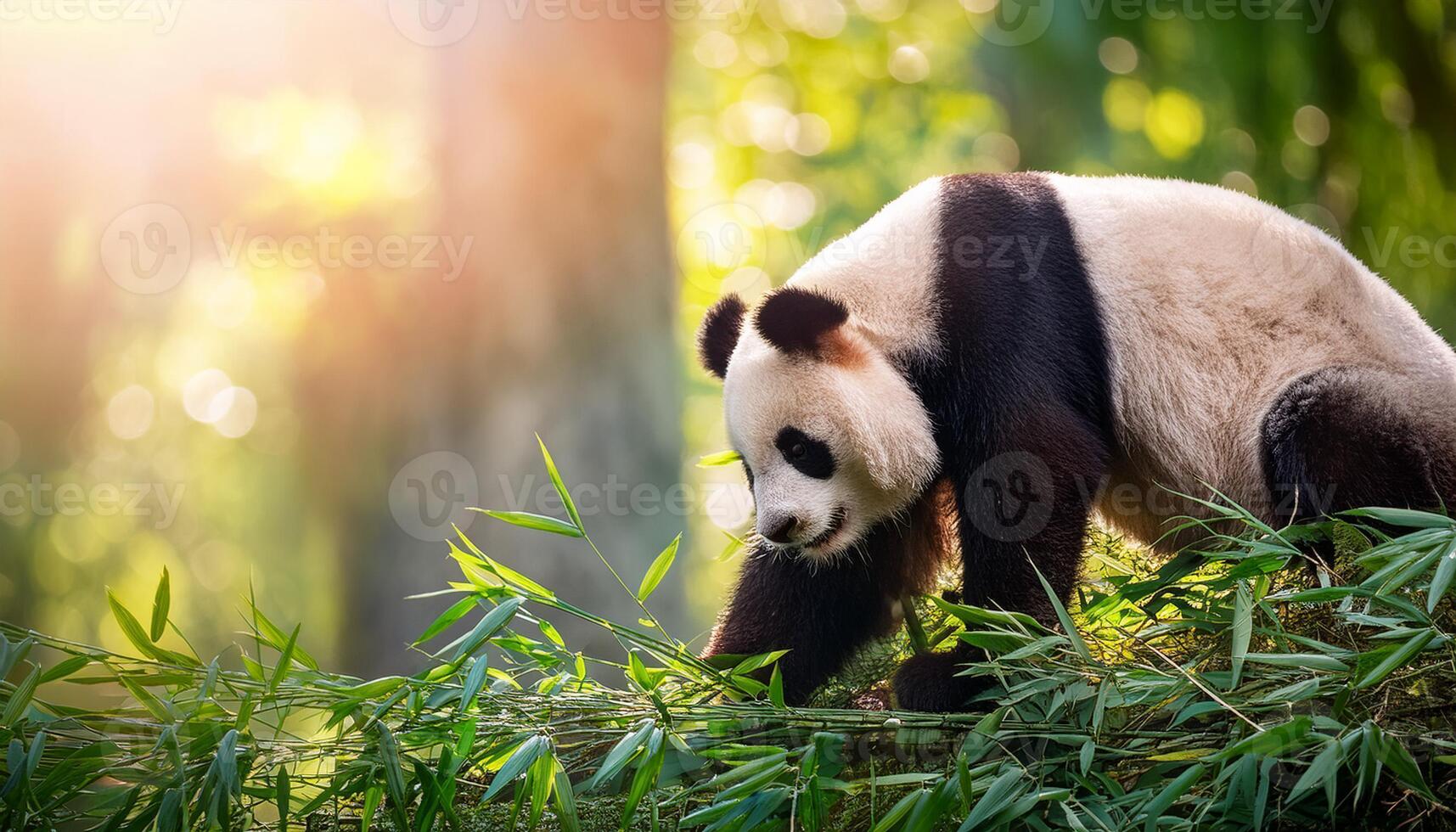 giant panda bear, The panda is expressive eyes and distinctive black and white fur stand out against the soft, natural light filtering through the trees, Portrait of a giant panda photo