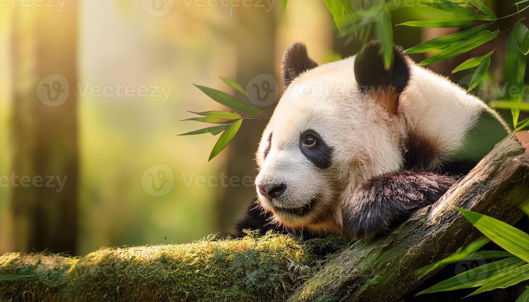 giant panda bear, The panda is expressive eyes and distinctive black and white fur stand out against the soft, natural light filtering through the trees, Portrait of a giant panda photo