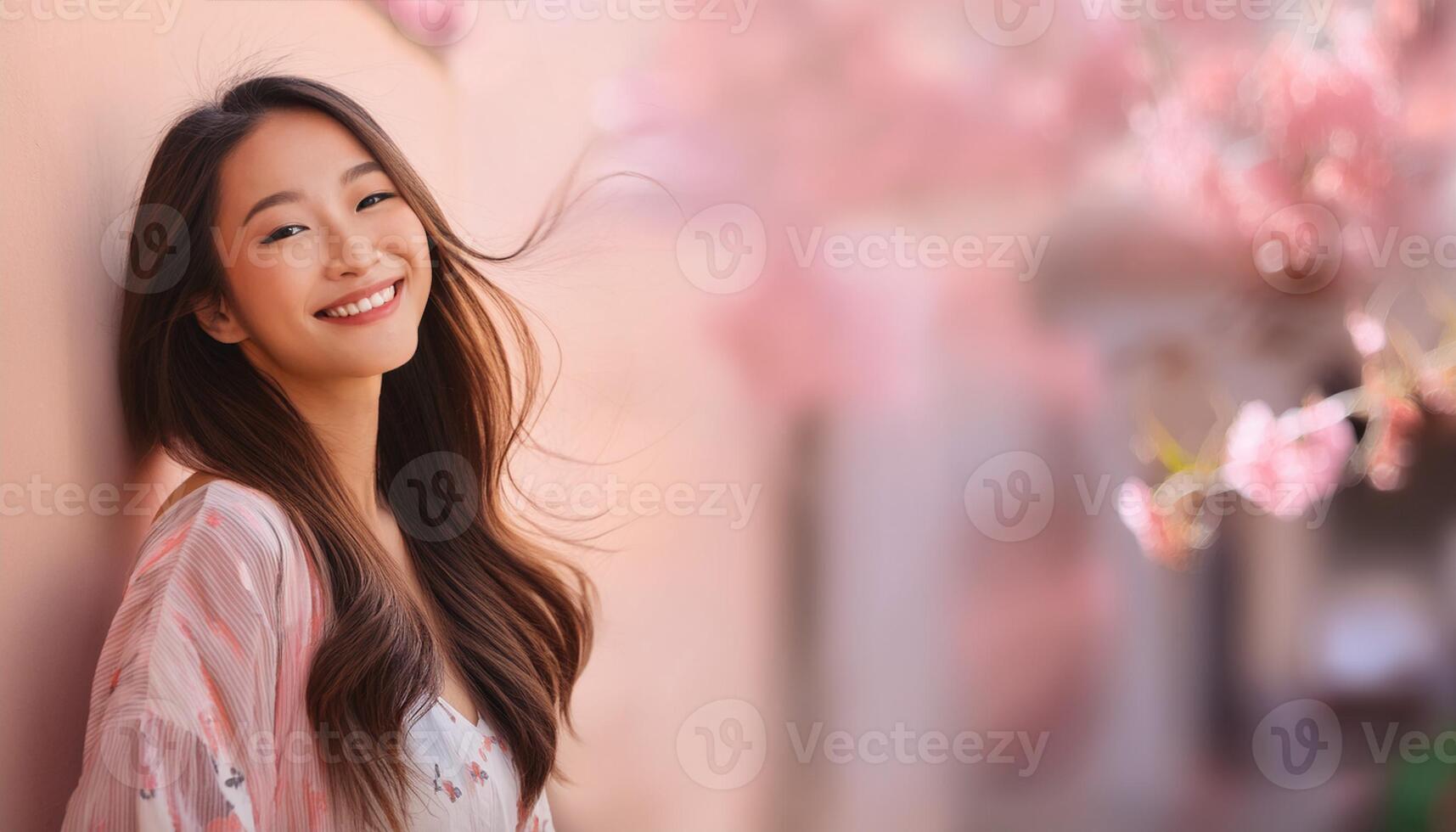 A beautiful Asian girl smiling happily, radiating joy and positivity. The image captures her genuine and cheerful expression, making it ideal for content related to happiness, positive emotions photo