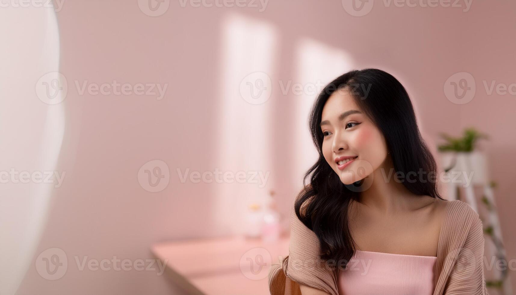 A beautiful Asian girl smiling happily, radiating joy and positivity. The image captures her genuine and cheerful expression, making it ideal for content related to happiness, positive emotions photo