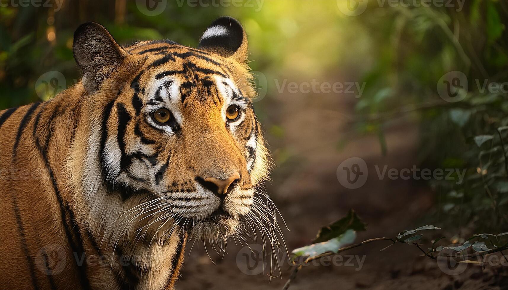 tiger in the jungle, Indian tiger resting in the lush forest, captured in natural light. The image highlights the tiger's piercing eyes, detailed stripes, and the serene environment it inhabits photo