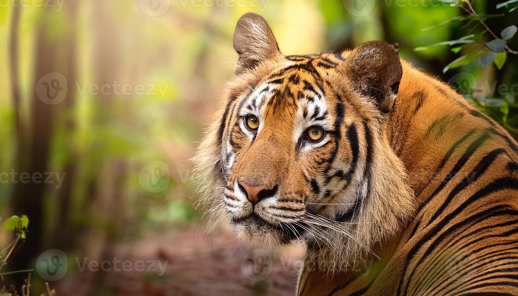 tiger in the jungle, Indian tiger resting in the lush forest, captured in natural light. The image highlights the tiger's piercing eyes, detailed stripes, and the serene environment it inhabits photo
